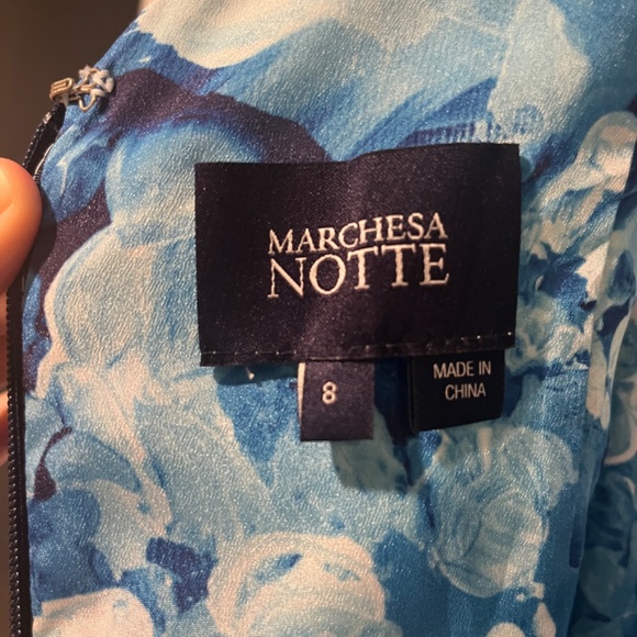 Marchesa Notte VNeck Printed Organza 3D Appliques Gown Blue Multi - Picture 9 of 9